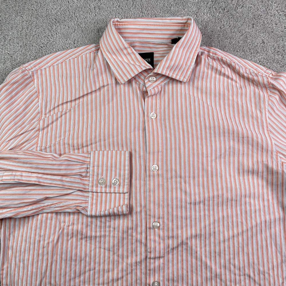 Hugo Boss Shirt Mens Large‎ Orange Striped Long Sleeve Button Up Designer Luxury
